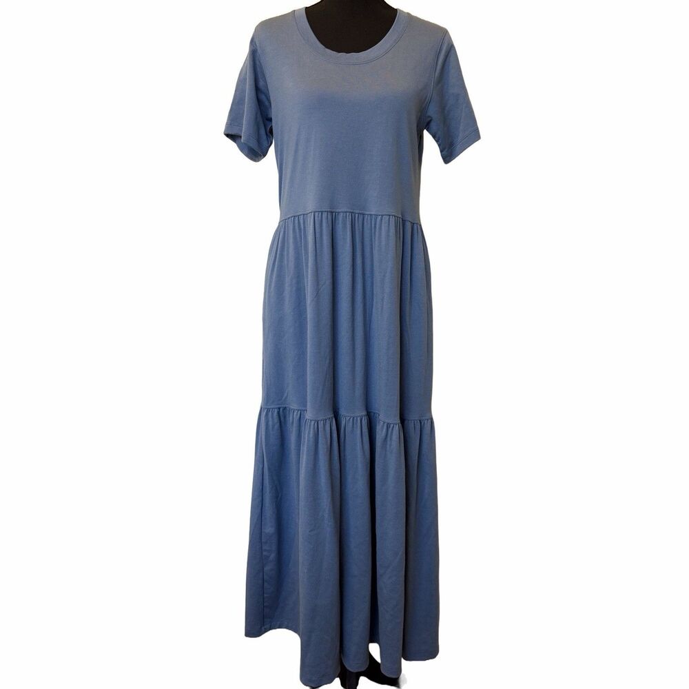 Woolx Lucia Washable Merino Wool Blend Dress Women's S Blue Short Sleeve Midi
